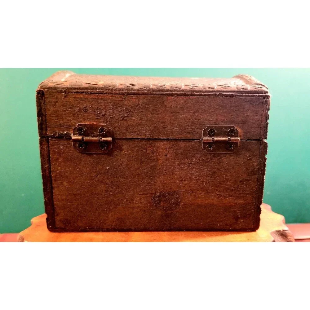 Wooden Treasure Chest Jewelry Box Leather Embossed W/ Floral Pattern Carved Trim